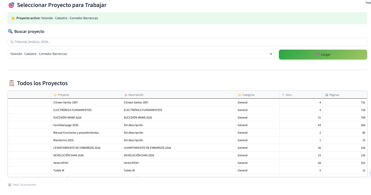 Pantalla de selección de proyecto activo en AIMAXIMUS